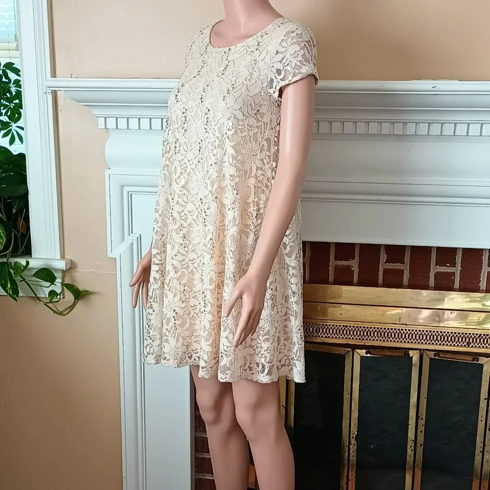 Altard State Lace Sequins Dress S A-Line Off White Cap Sleeve Lined Stretch